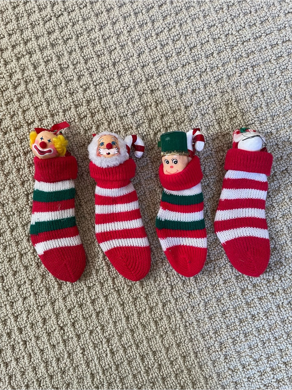 Vintage R Dakin Christmas Ornaments In Stockings Santa Clause, Clown, Elf, Read